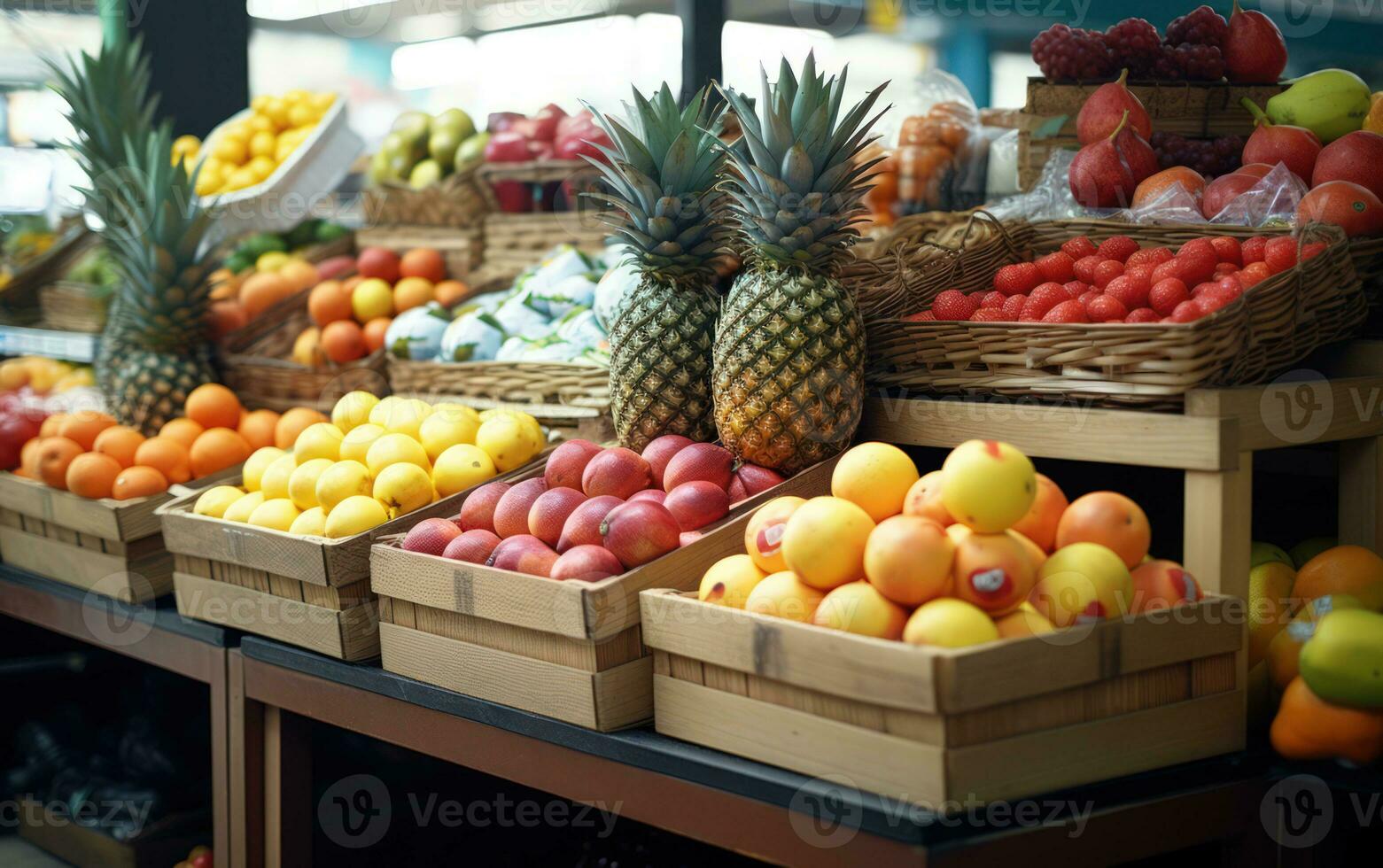 manzanas, limones, naranjas, granadas, piñas, duraznos y fresa. varios frutas en un calle mercado. generativo ai foto