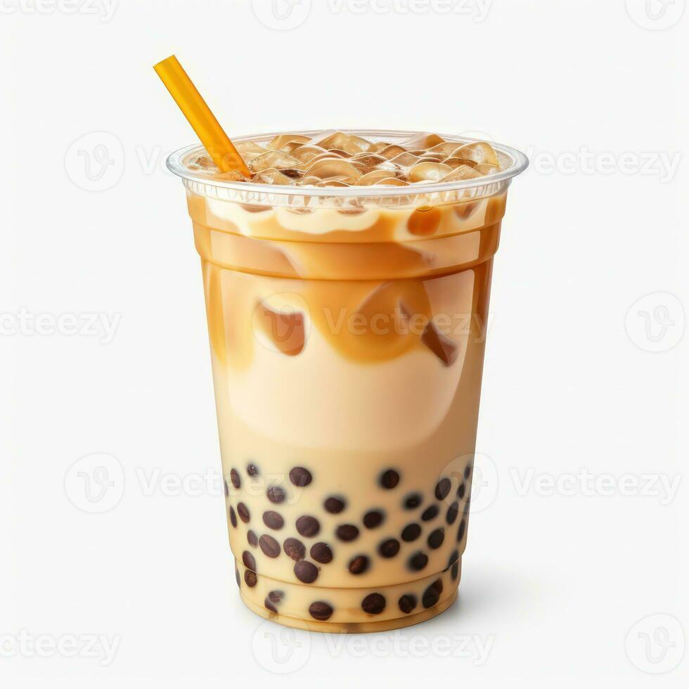 Light brown creamy bubble tea with milk and black tapioca with a green straw in a transparent cup isolated on white. Generative ai photo