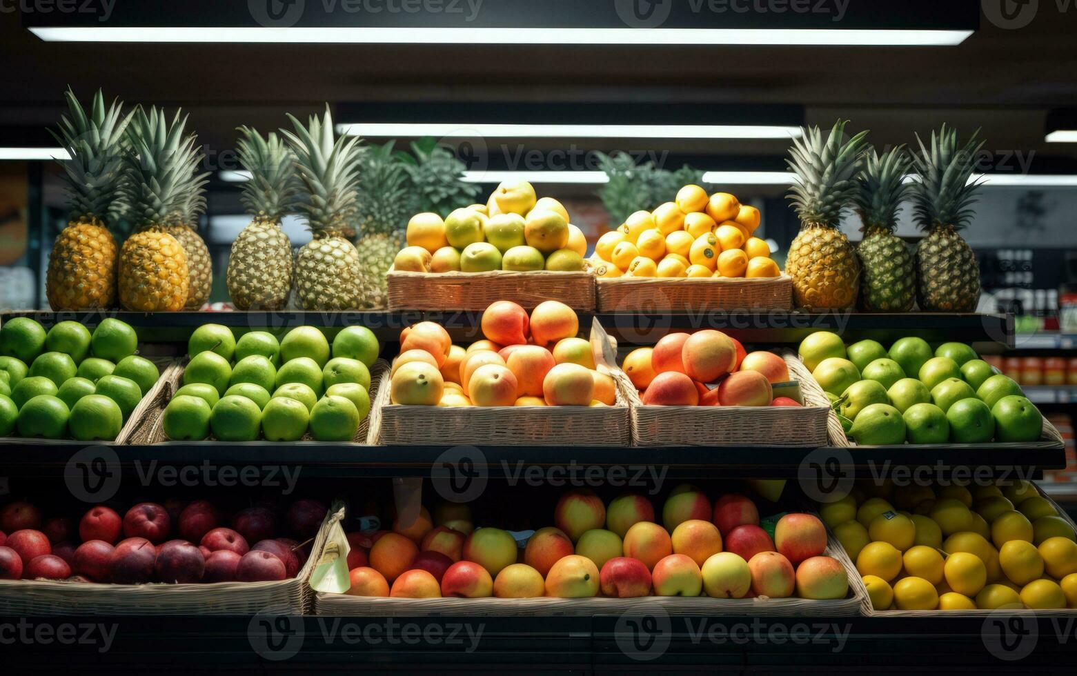 Apples, lemons, oranges, pomegranates, pineapples, peaches and strawberry. Various fruits in a street market. Generative ai photo