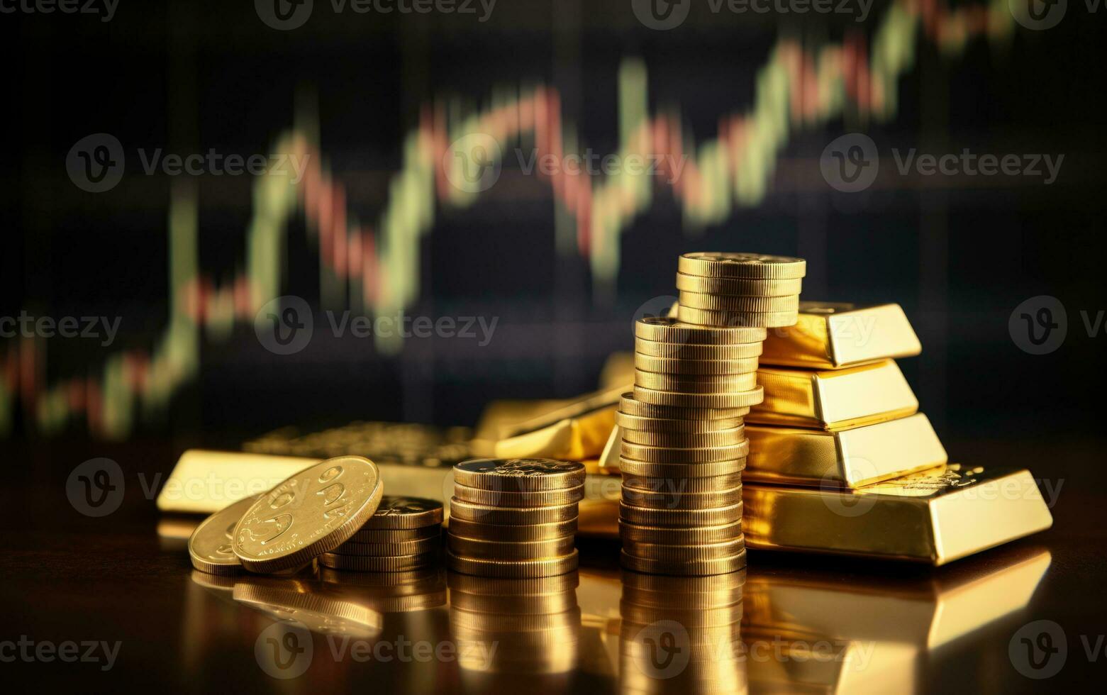 investment growth concept with stack of gold on stock market graph background. Generative ai photo