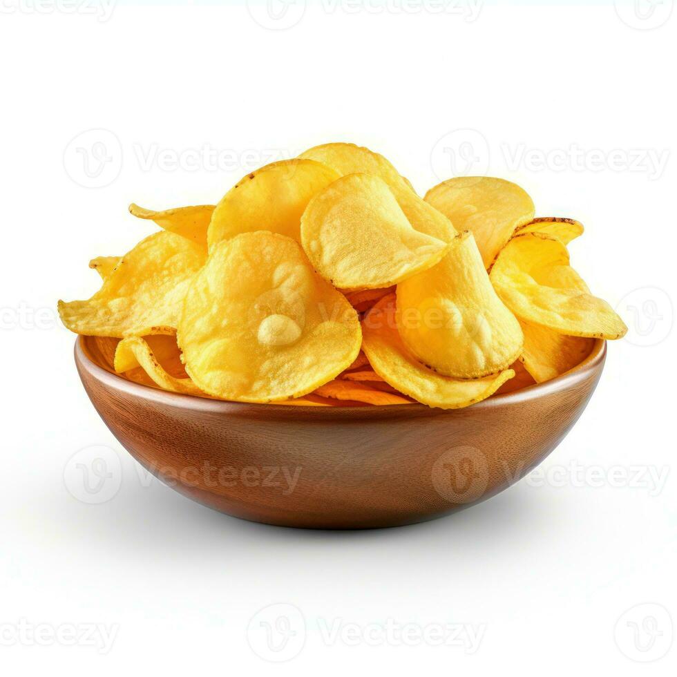 Bowl with tasty potato chips on white background. Generative Ai photo