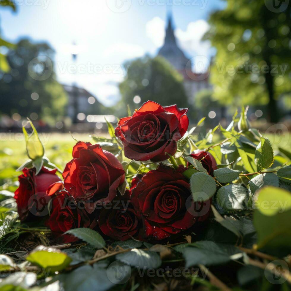 Red roses on black granite tombstone outdoors, space for text. Funeral ceremony. Generative ai photo