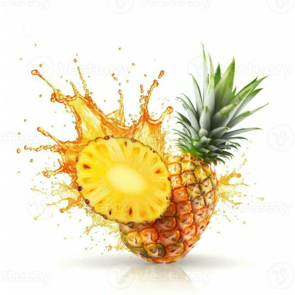 Water Splashing on Split Pineapple Fruit isolated on a yellow background. Generative ai photo