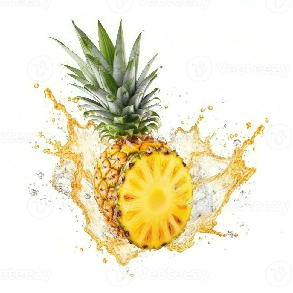 Water Splashing on Split Pineapple Fruit isolated on a yellow background. Generative ai photo