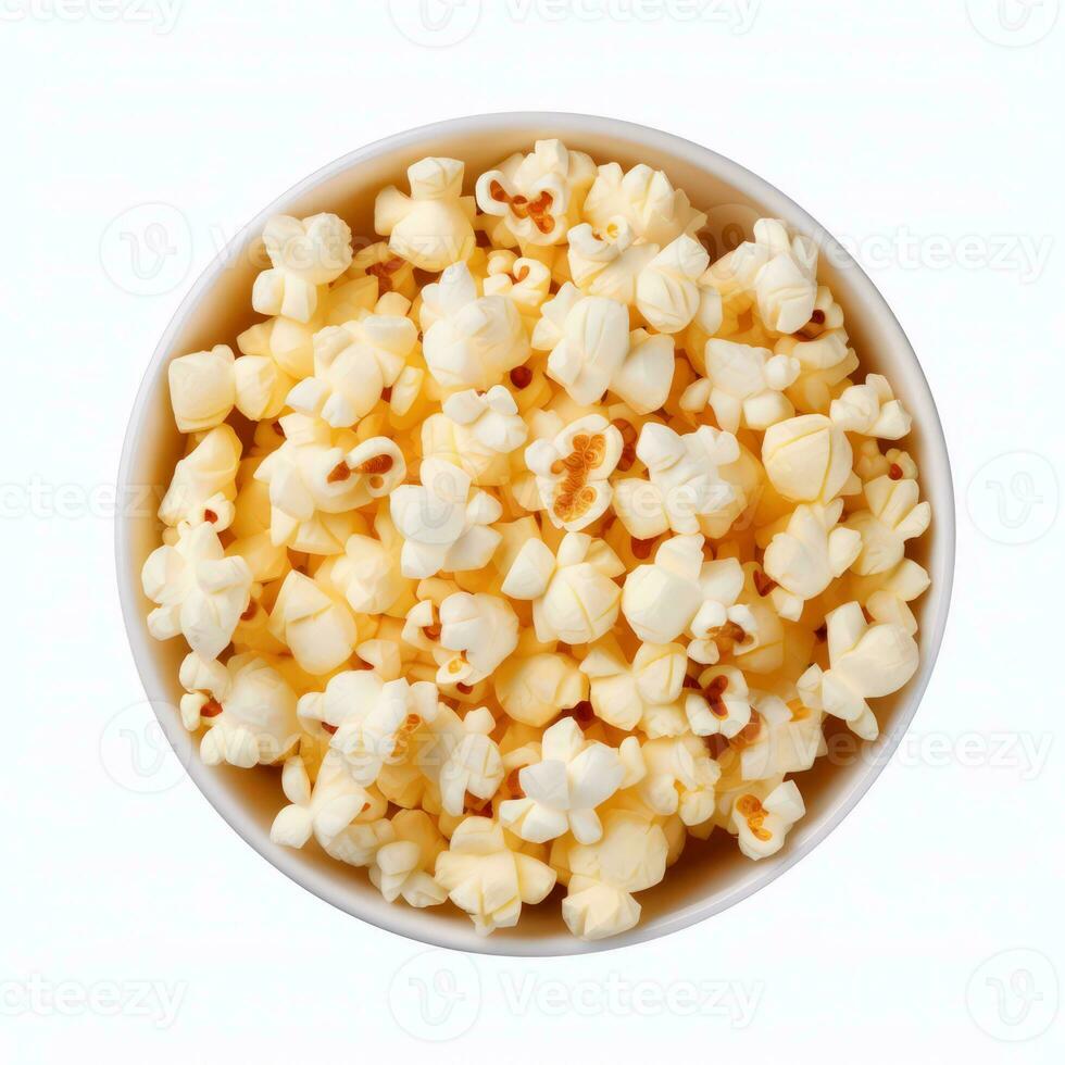 Popcorn in the wooden bowl, isolated on white background, top view. Generative ai photo