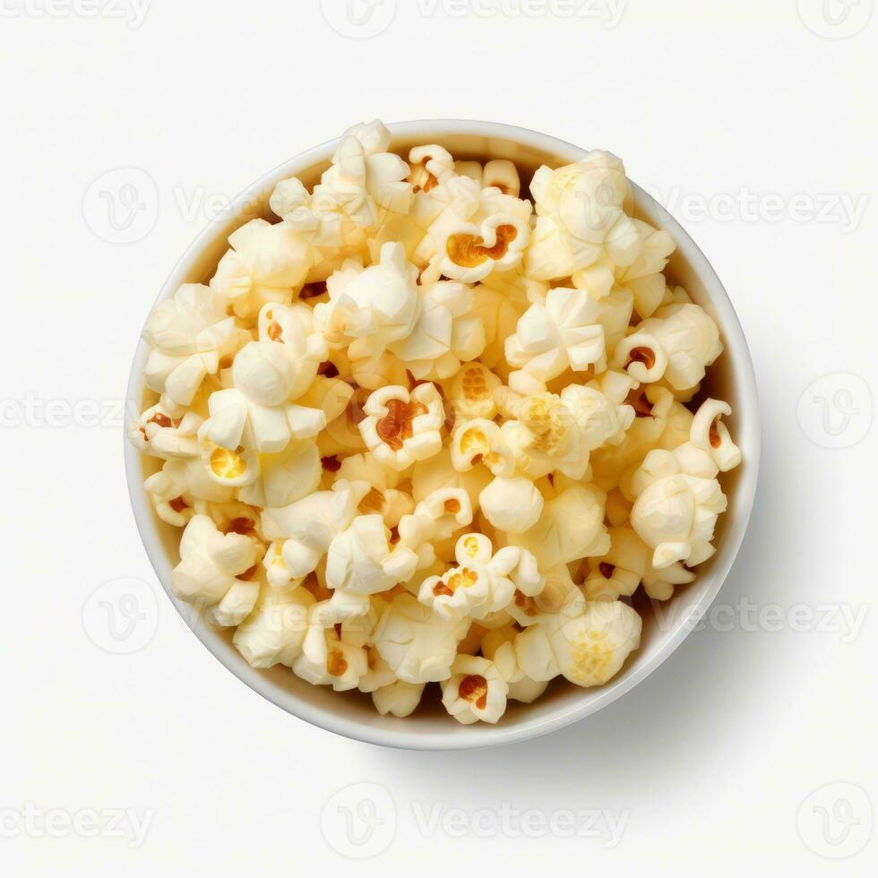 Popcorn in the wooden bowl, isolated on white background, top view. Generative ai photo