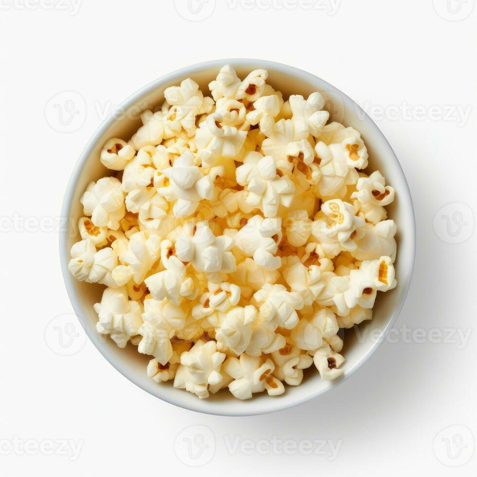Popcorn in the wooden bowl, isolated on white background, top view. Generative ai photo