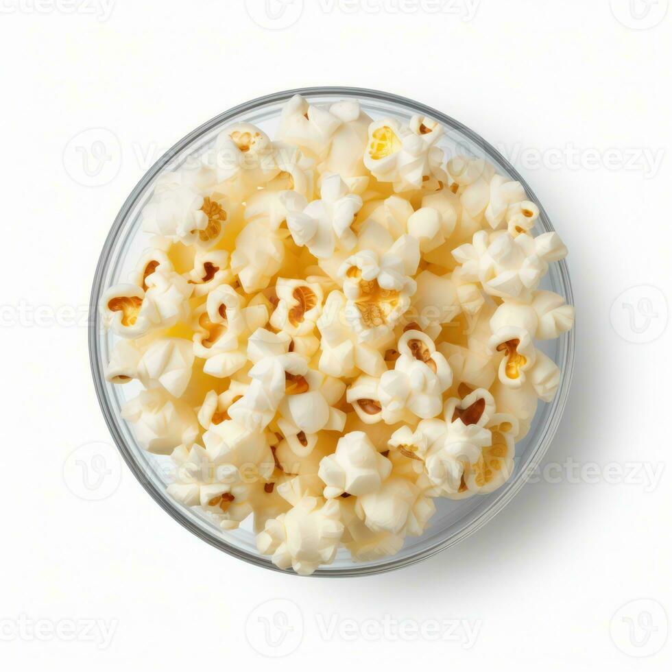 Popcorn in the wooden bowl, isolated on white background, top view. Generative ai photo