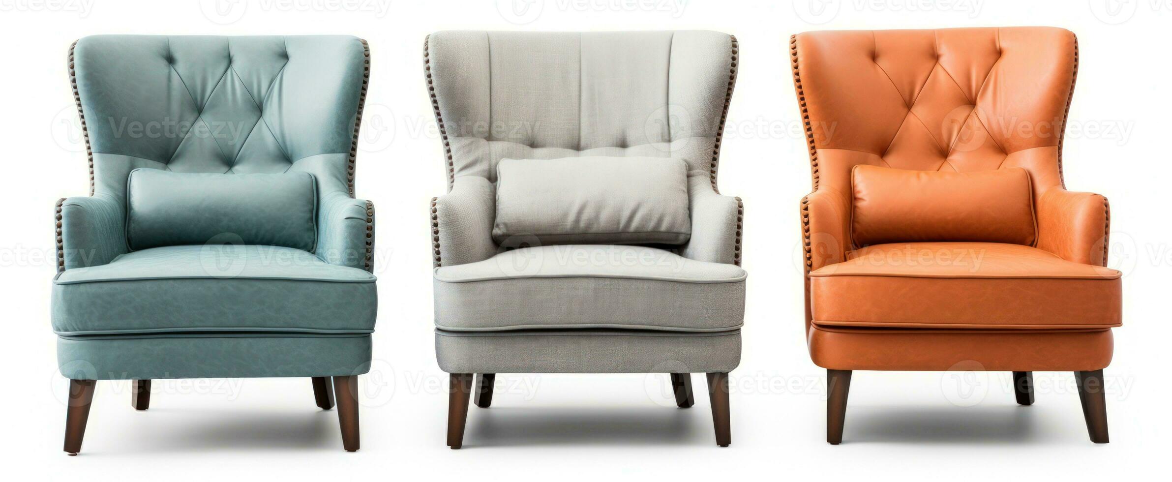 Set of Classic three armchair and three color art deco style in turquoise velvet with wood legs isolated on white background. Generative ai photo