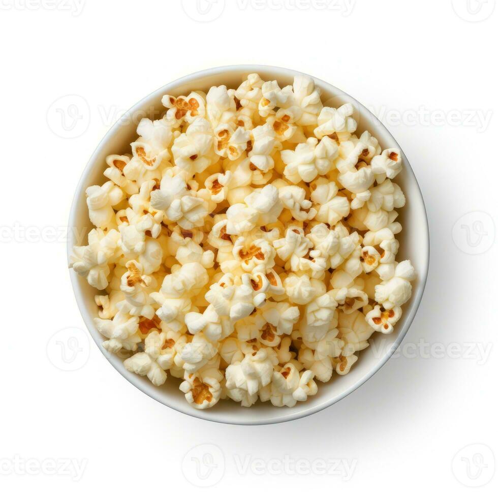 Popcorn in the wooden bowl, isolated on white background, top view. Generative ai photo