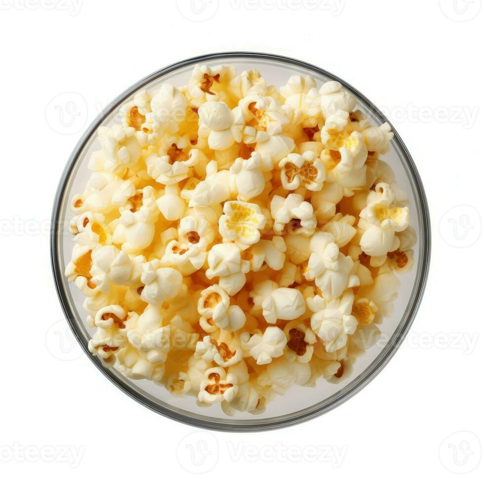 Popcorn in the wooden bowl, isolated on white background, top view. Generative ai photo