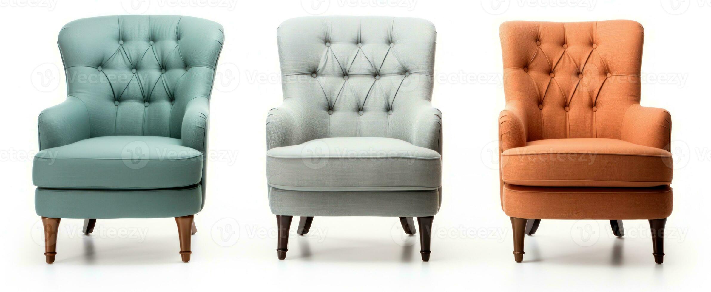 Set of Classic three armchair and three color art deco style in turquoise velvet with wood legs isolated on white background. Generative ai photo