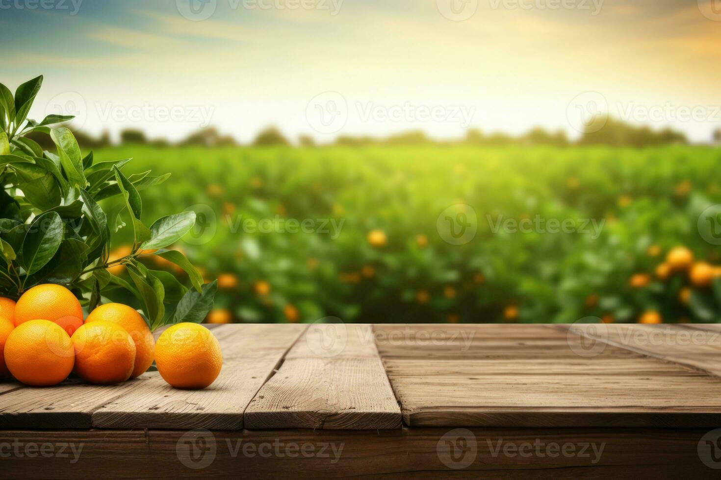 Wooden table top ander orange trees covered with orange fruits. Blurred sunny orchard garden at the background. Generative ai photo