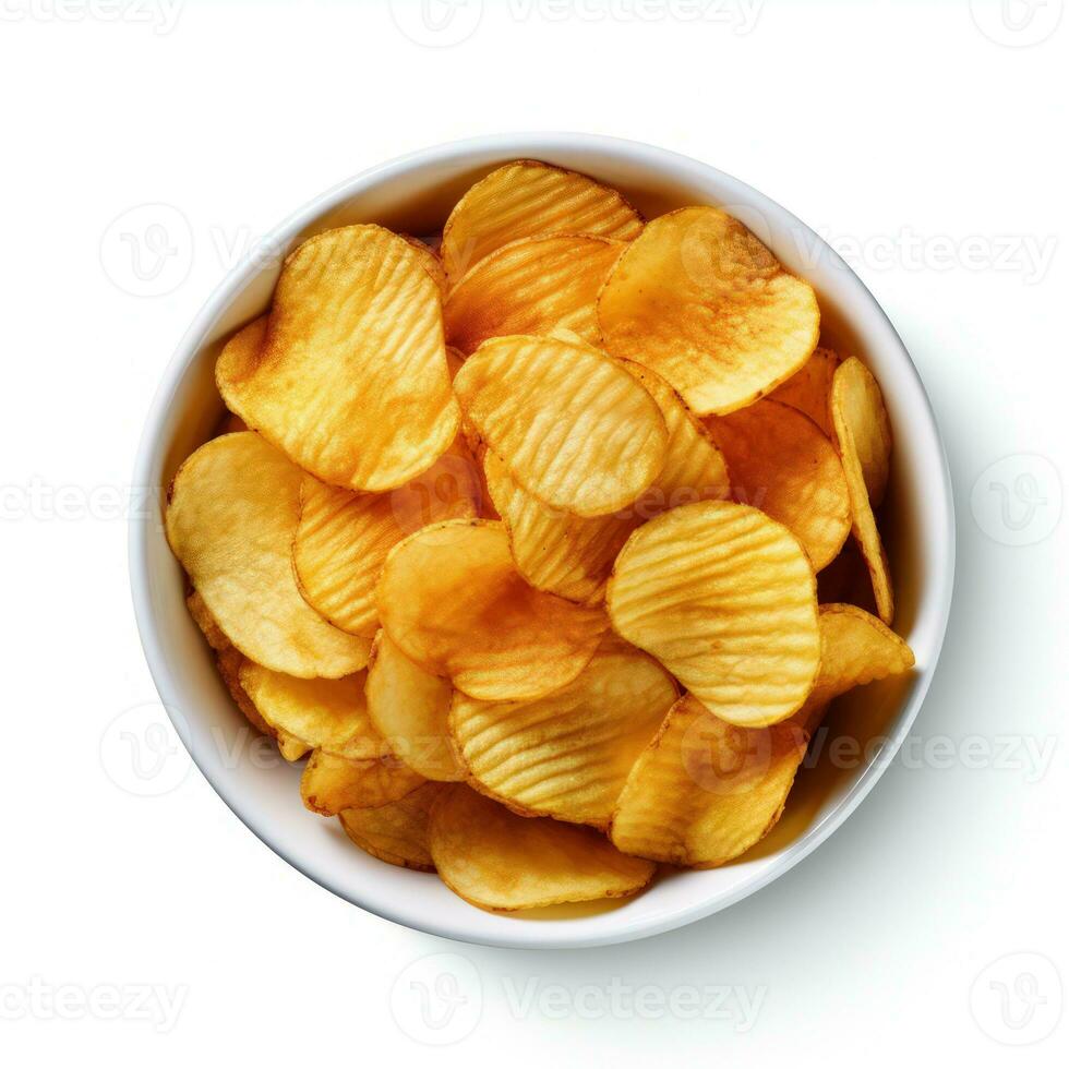 Bowl of crispy wavy potato chips or crisps isolated on a white background, top view. Generative ai. photo