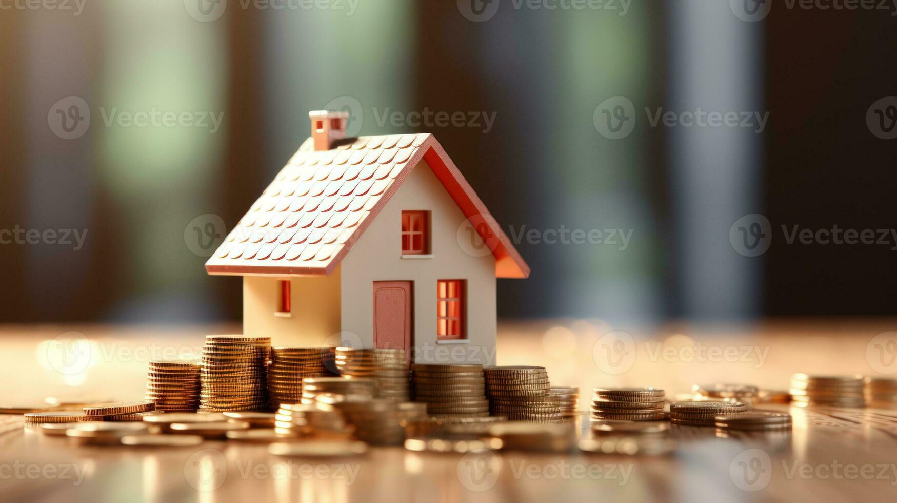 Mini house on top of stack of coins. Concept of financial banking and investment property. Generative ai photo