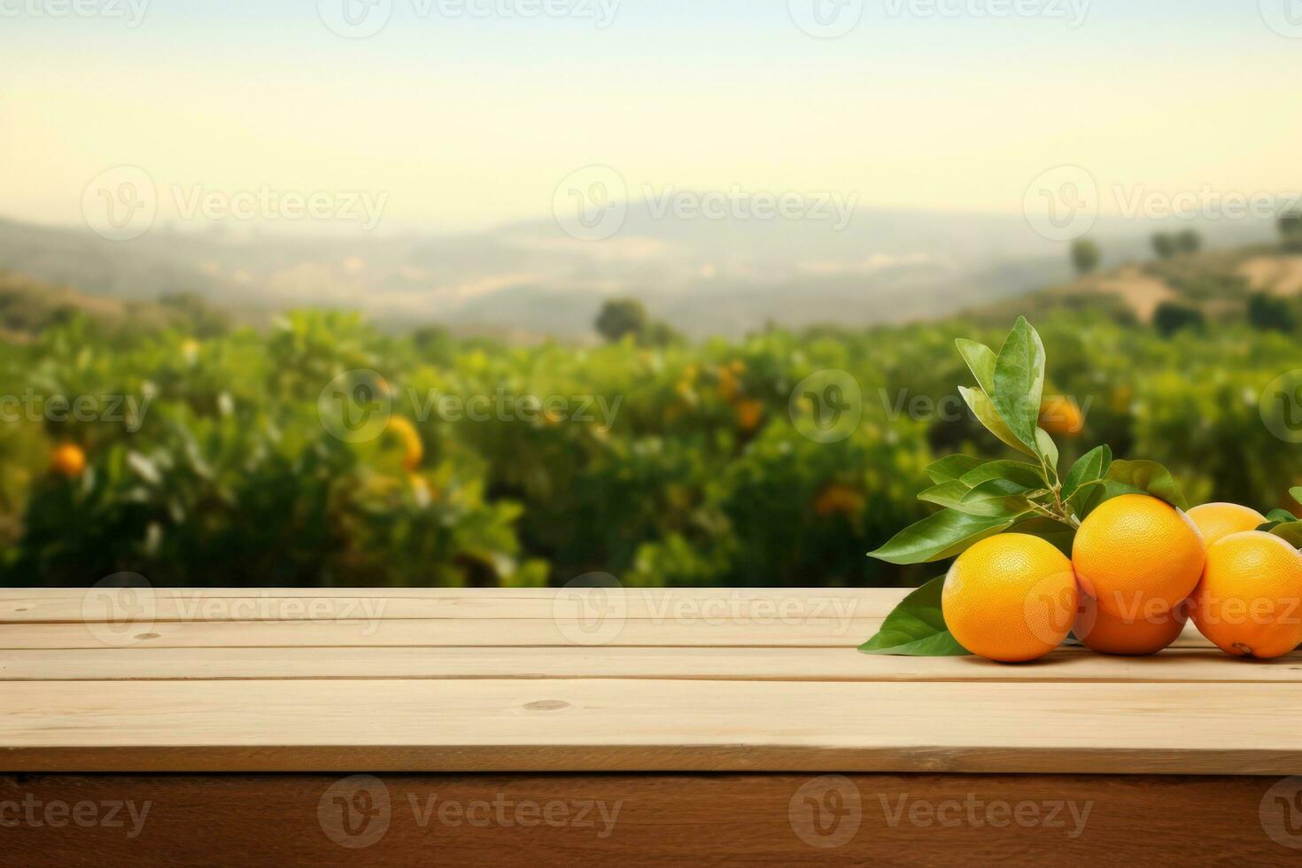 Wooden table top ander orange trees covered with orange fruits. Blurred sunny orchard garden at the background. Generative ai photo