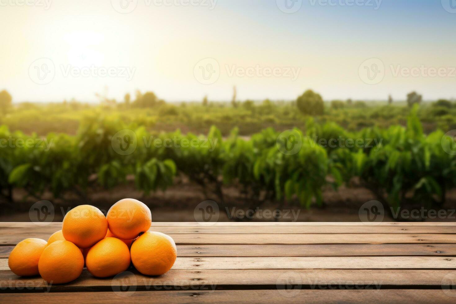 Wooden table top ander orange trees covered with orange fruits. Blurred sunny orchard garden at the background. Generative ai photo