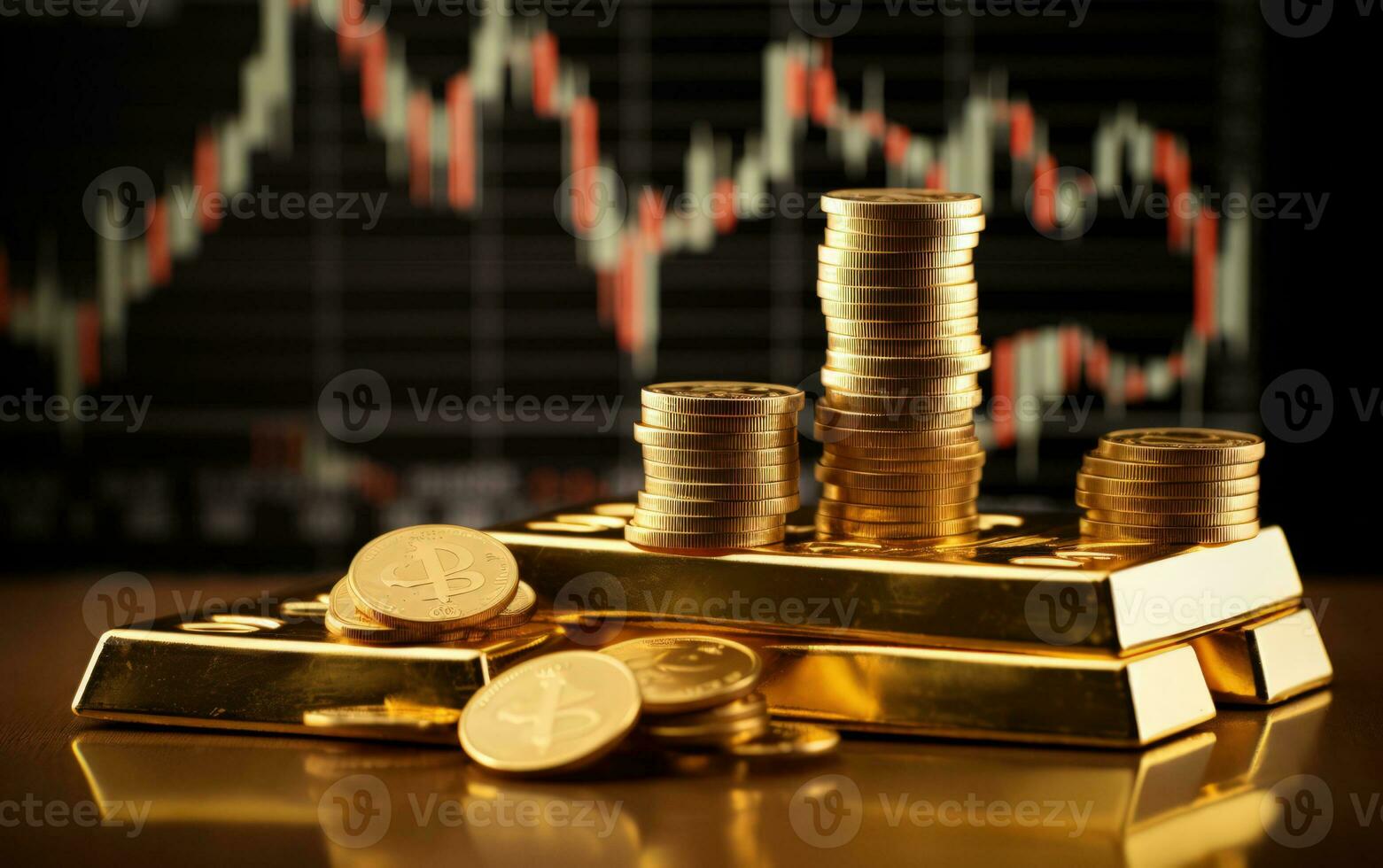 investment growth concept with stack of gold on stock market graph background. Generative ai photo