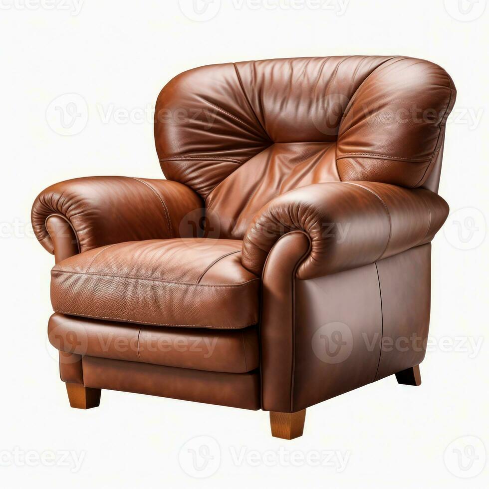Isolated rufous velvet armchair. Vintage soft brown chair. Insulated furniture. Generative ai photo