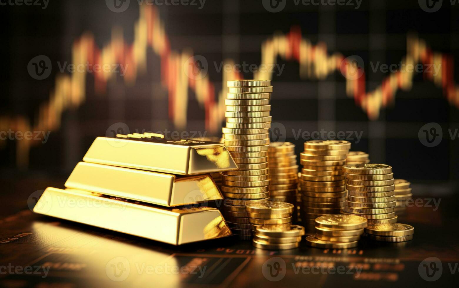 investment growth concept with stack of gold on stock market graph background. Generative ai photo