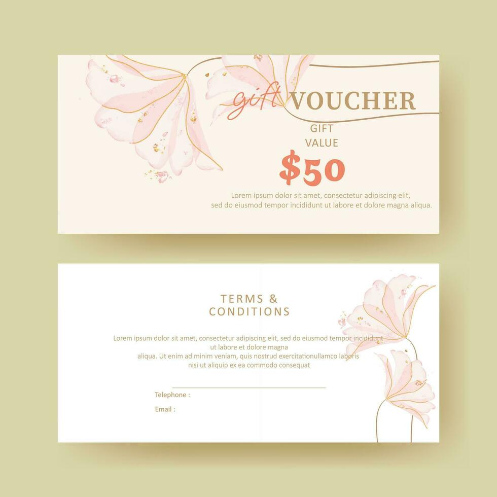 Gift voucher. Coupon template with watercolor pink flower decoration. elegant aesthetic design. good for boutique, jewelry, floral shop, beauty salon, spa, fashion, flyer, banner design. vector