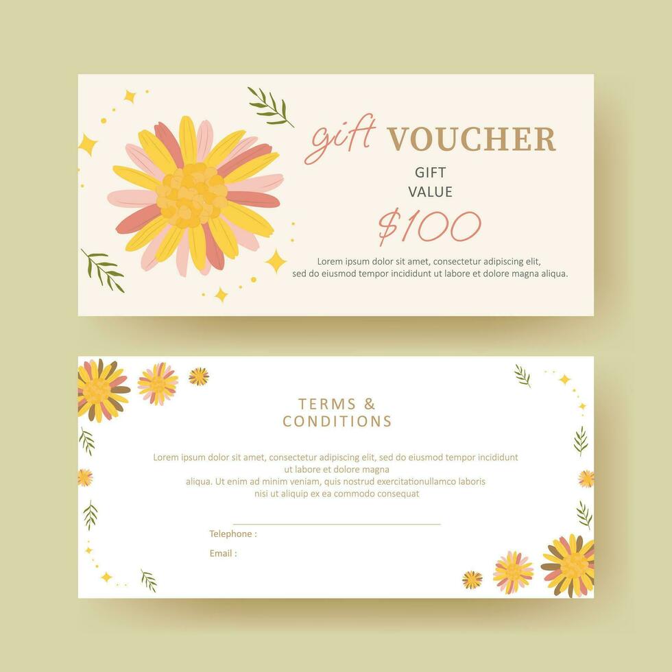 Gift voucher. Coupon template with orange flower and leaf decoration. elegant aesthetic design. good for boutique, jewelry, floral shop, beauty salon, spa, fashion, flyer, banner design. vector