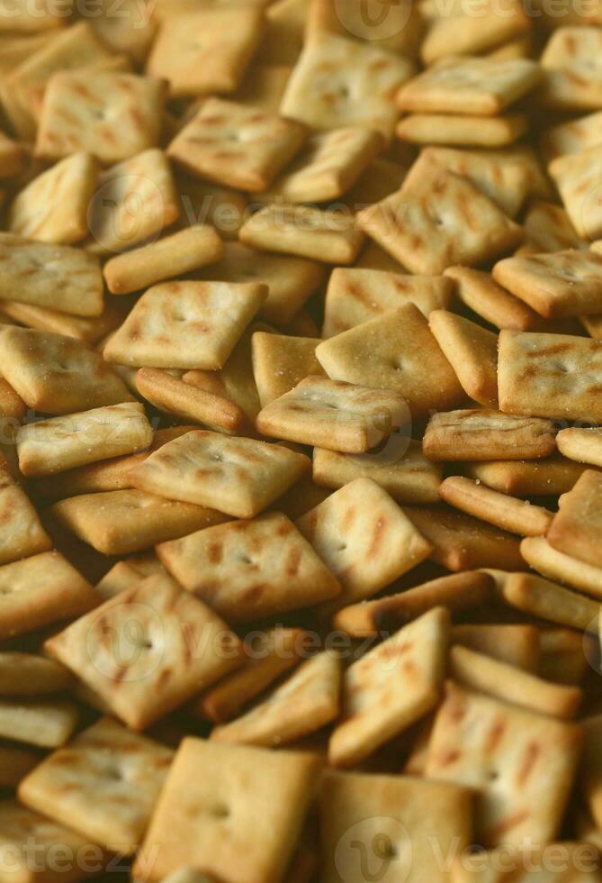 Background texture of small edible squares baked from dough and sprinkled with salt. A lot of salt cracker photo