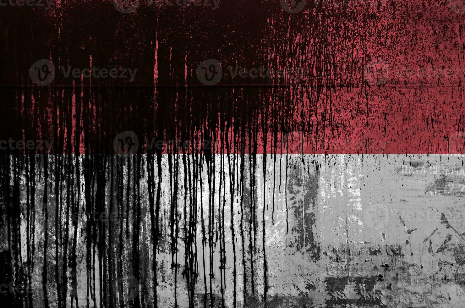 Monaco flag depicted in paint colors on old and dirty oil barrel wall closeup. Textured banner on rough background photo