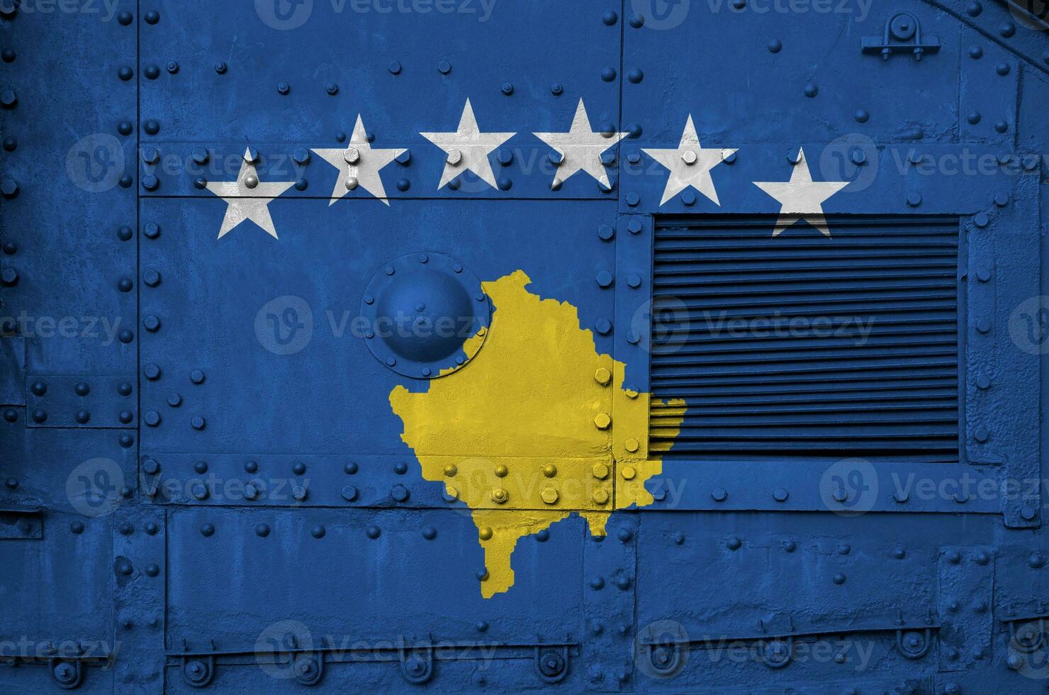 Kosovo flag depicted on side part of military armored tank closeup. Army forces conceptual background photo