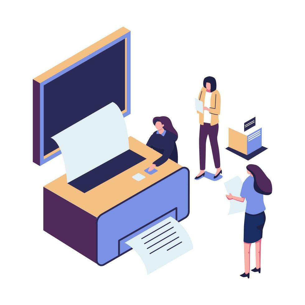 people illustration that using printer to create document flat isometric vector design