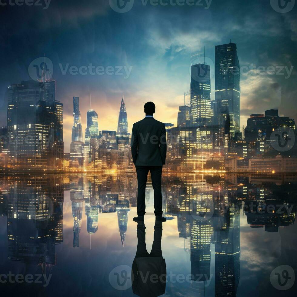 AI generated Businessman stands tall against the backdrop of a vibrant sunrise, his silhouette seamlessly blending with the towering skyscrapers of a bustling metropolis. photo