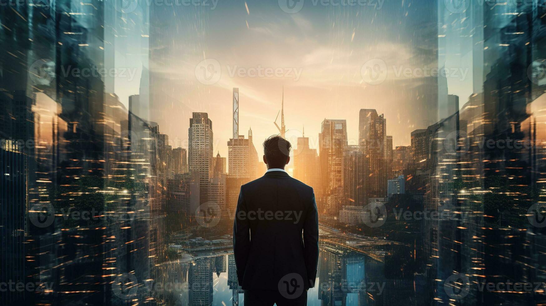 AI generated Businessman stands tall against the backdrop of a vibrant sunrise, his silhouette seamlessly blending with the towering skyscrapers of a bustling metropolis. photo