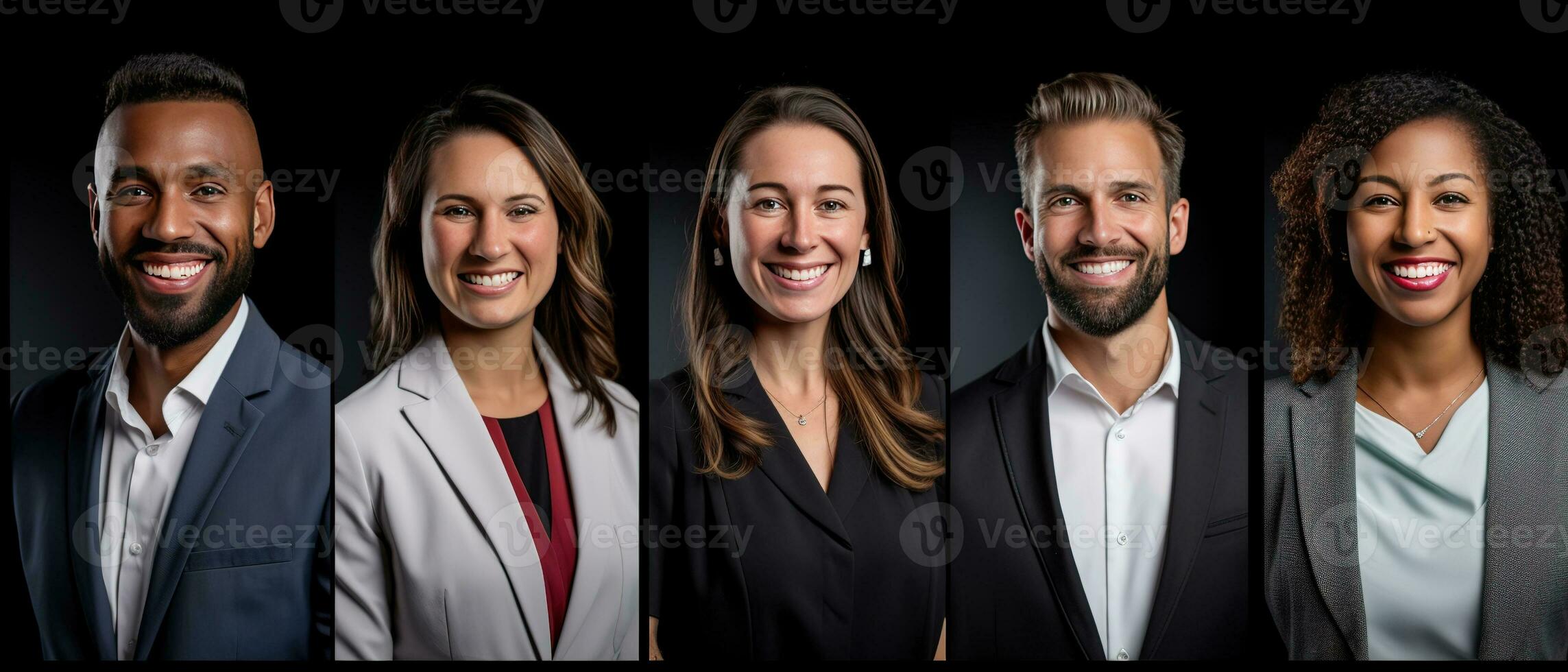 AI generated Collage of portraits of an ethnically diverse and mixed age group of focused business professionals. photo