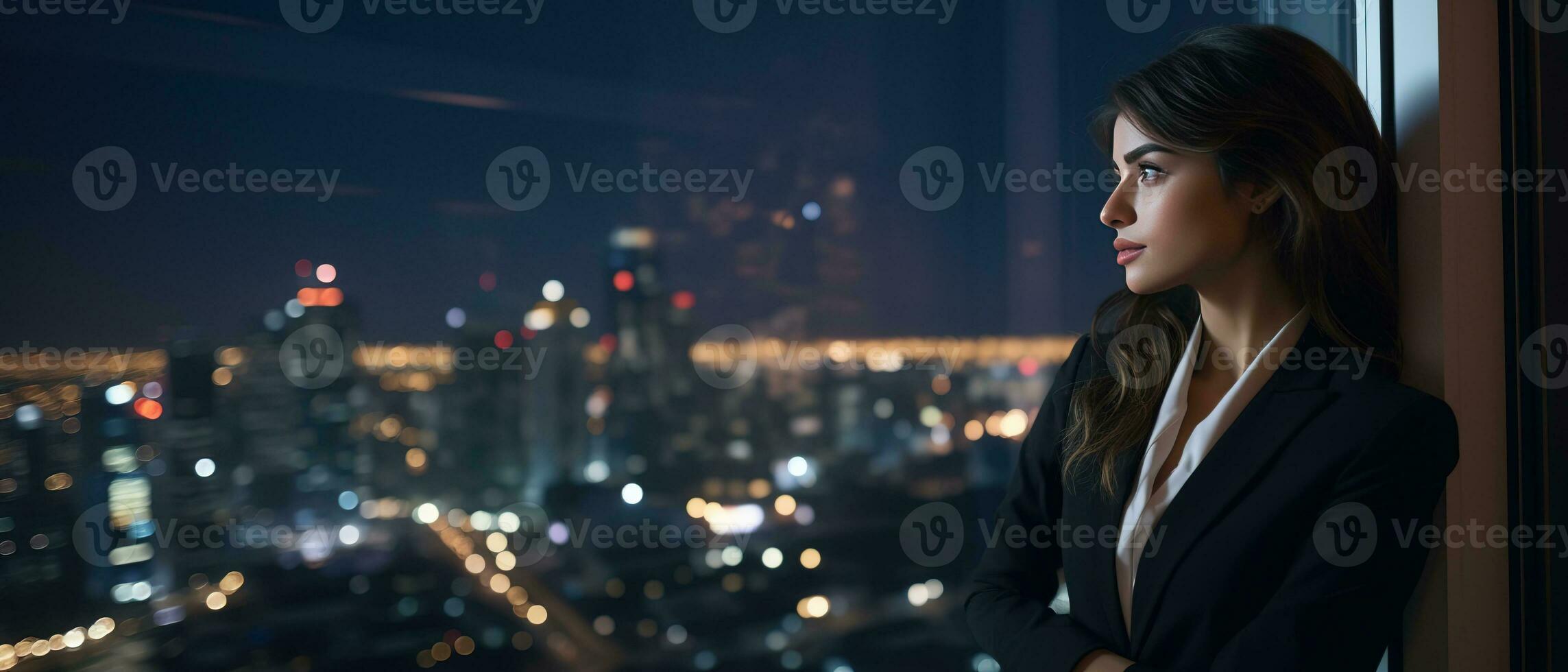 AI generated Businesswoman in Stylish Suit Working on Top Floor Office Overlooking Night City. High Achievement Female CEO of Humanitarian Investment Fund, Human Face of Sustainable Corporate photo