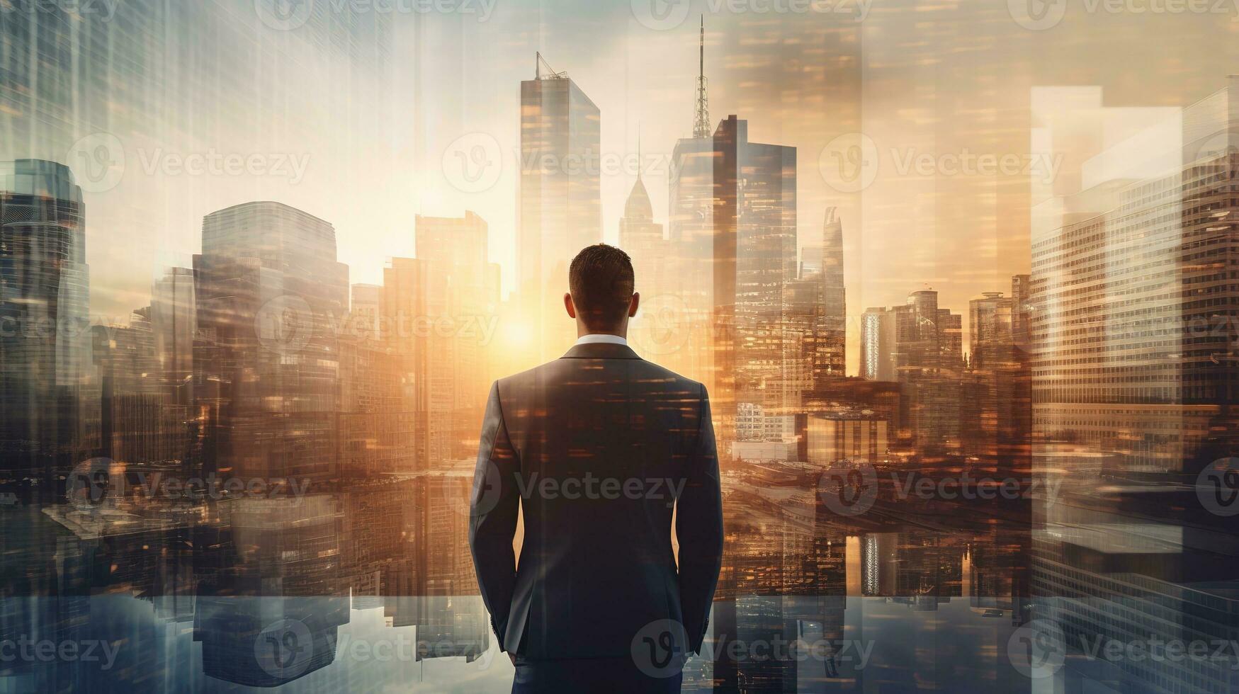 AI generated Businessman stands tall against the backdrop of a vibrant sunrise, his silhouette seamlessly blending with the towering skyscrapers of a bustling metropolis. photo