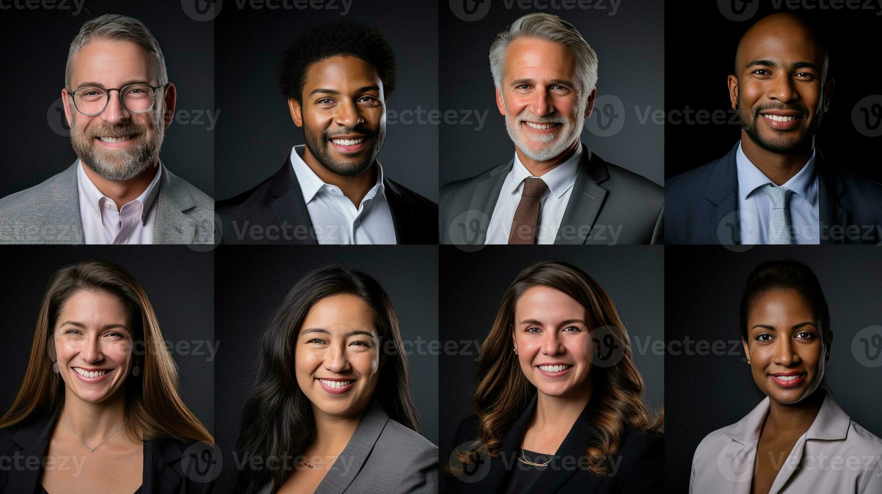 AI generated Collage of portraits of an ethnically diverse and mixed age group of focused business professionals. photo