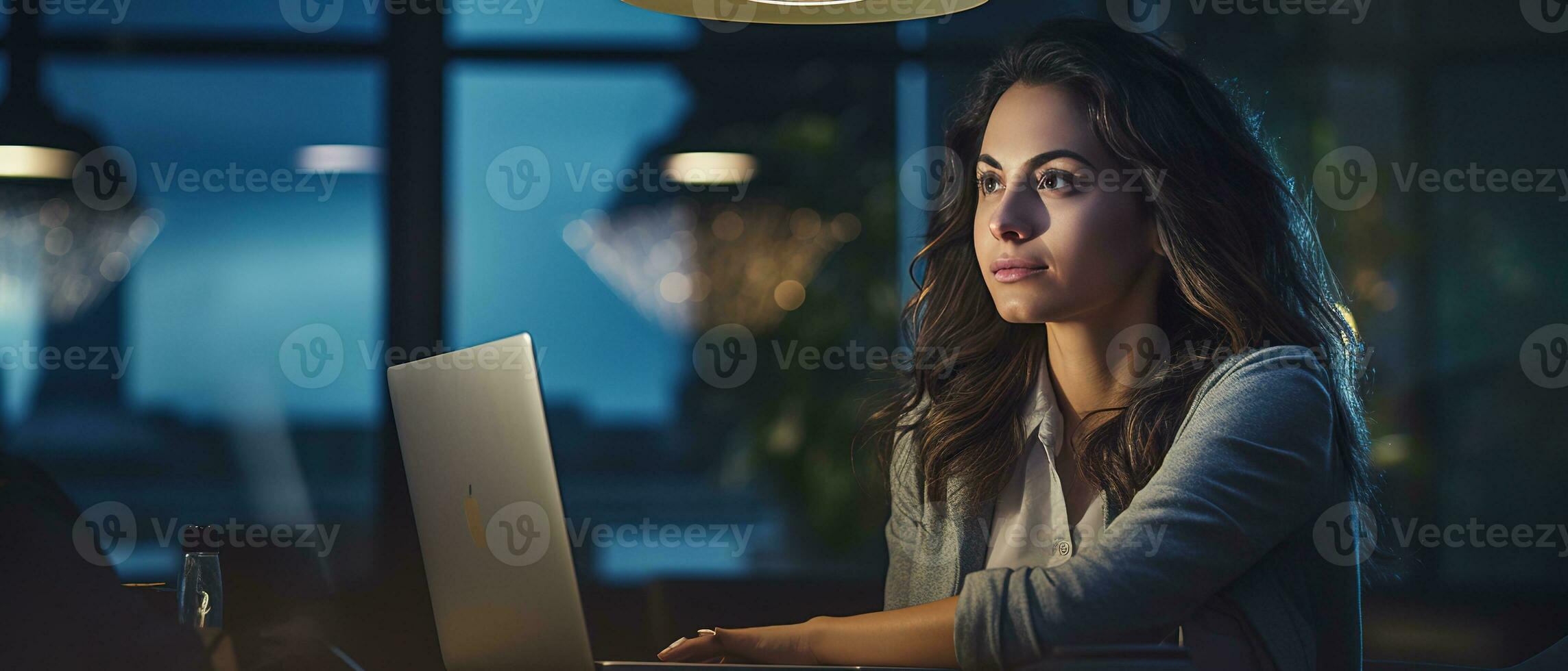 AI generated Thoughtful businesswoman contemplates strategies to elevate her company to new technological heights. photo