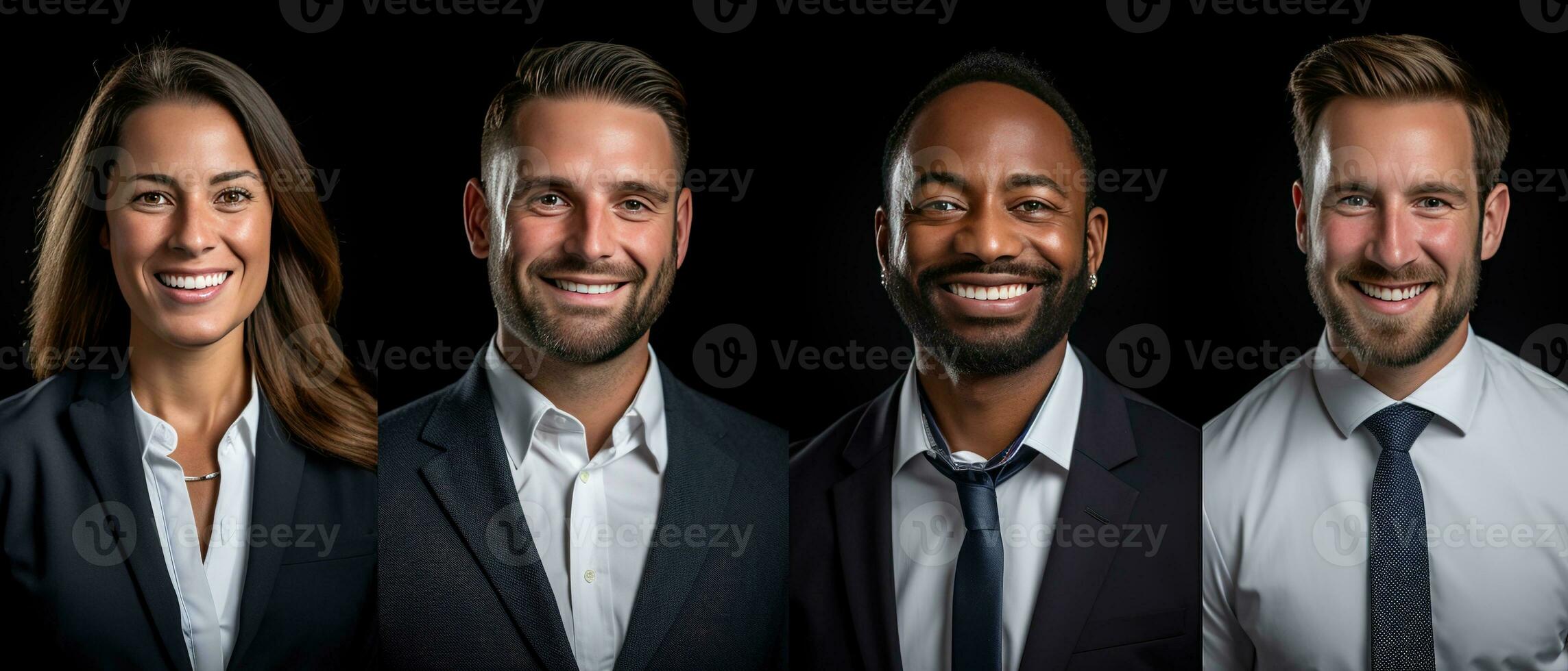 AI generated Collage of portraits of an ethnically diverse and mixed age group of focused business professionals. photo