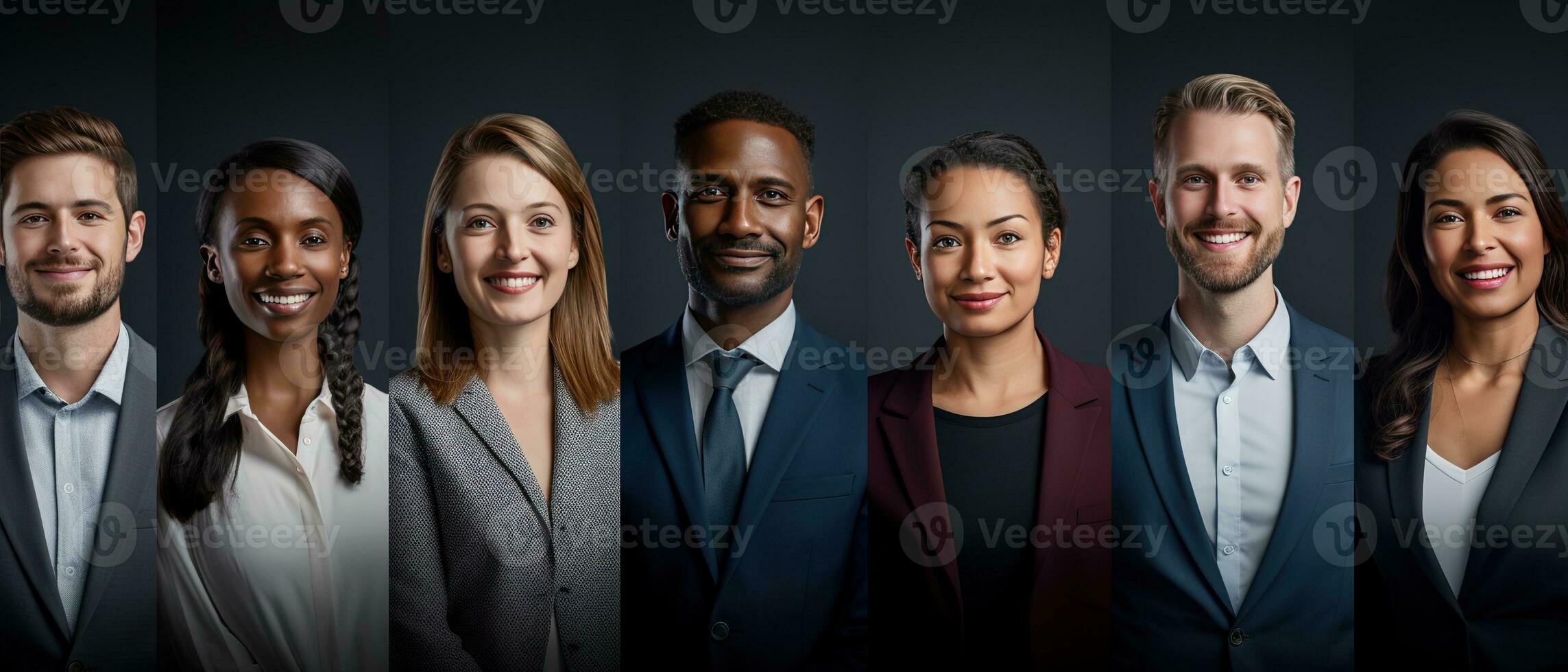 AI generated Collage of portraits of an ethnically diverse and mixed age group of focused business professionals. photo