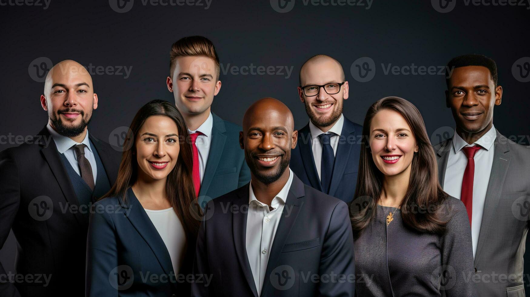 AI generated Collage of portraits of an ethnically diverse and mixed age group of focused business professionals. photo