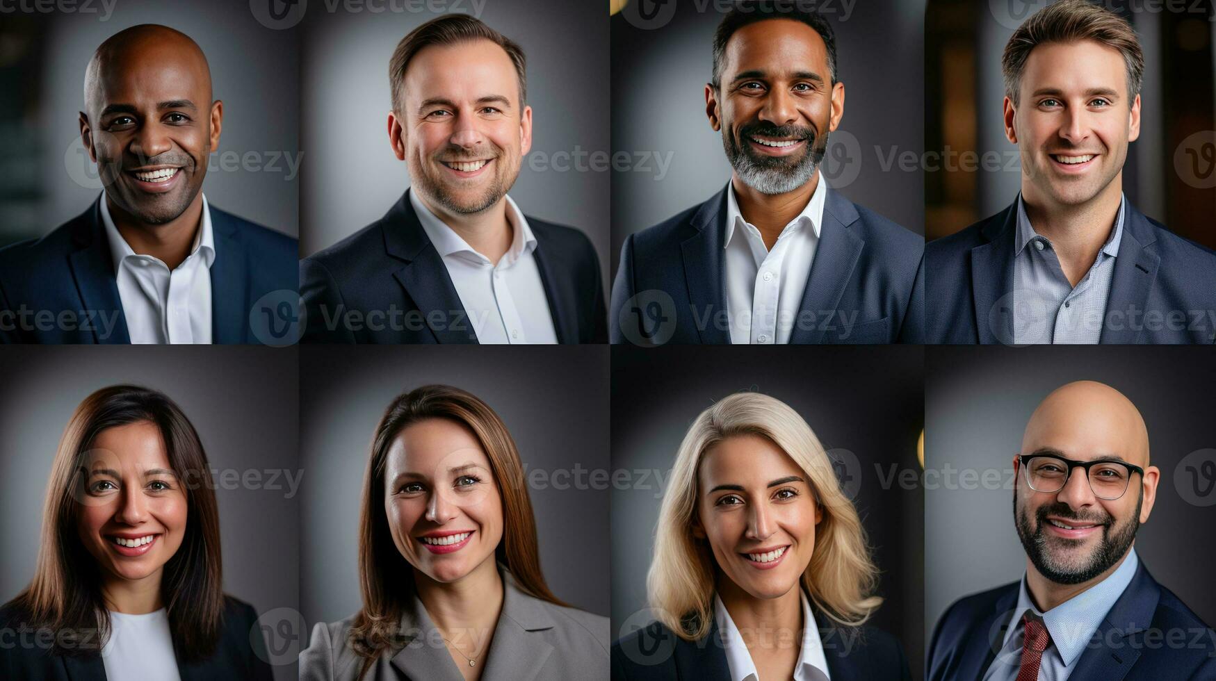 AI generated Collage of portraits of an ethnically diverse and mixed age group of focused business professionals. photo