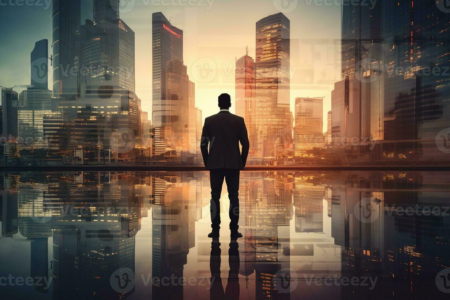 AI generated Businessman stands tall against the backdrop of a vibrant sunrise, his silhouette seamlessly blending with the towering skyscrapers of a bustling metropolis. photo