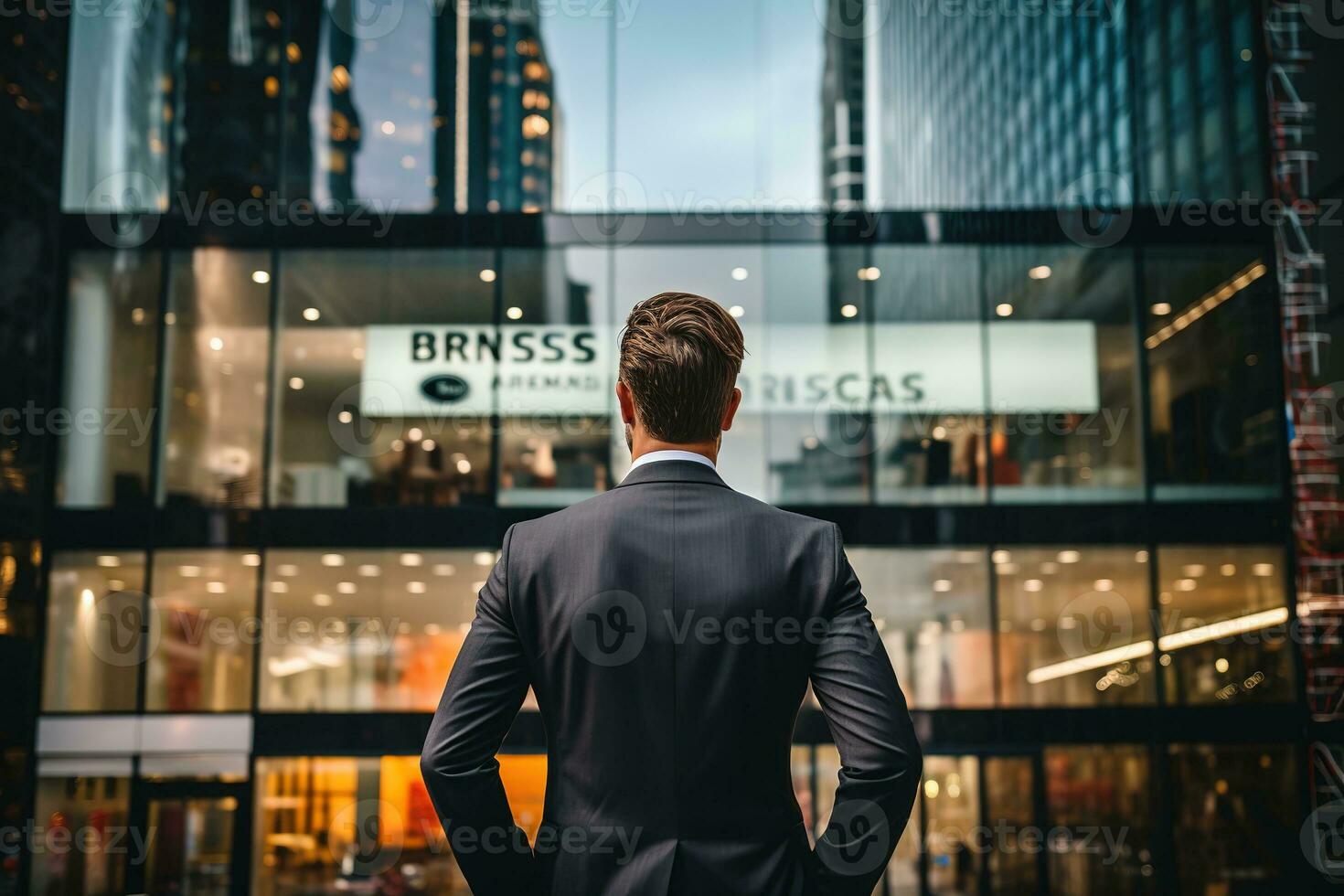 AI generated Businessman stands amidst a bustling urban landscape, surrounded by signs and landmarks that represent the diverse range of businesses and industries that make up the modern economy. photo