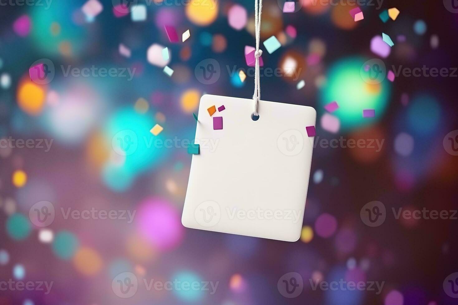 AI generated White sign hangs from a rope, surrounded by a flurry of confetti. The sign is blank, ready for your message. The confetti adds a festive touch, perfect for any celebration. photo