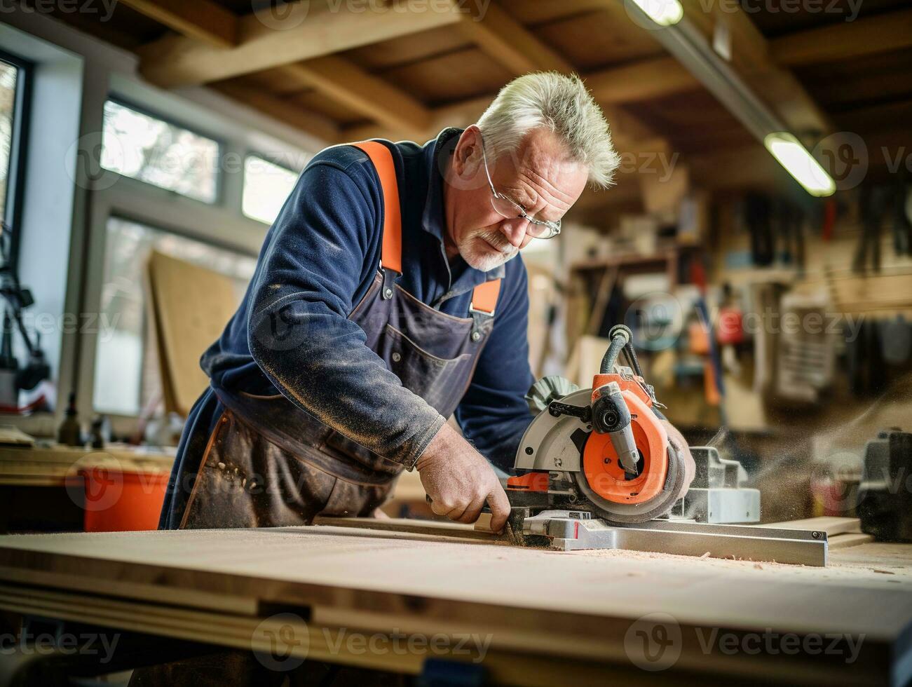 AI generated Senior male carpenter assists younger colleague with measuring and cutting wood in carpentry workshop. Experienced carpenter shares knowledge and expertise with apprentice. photo