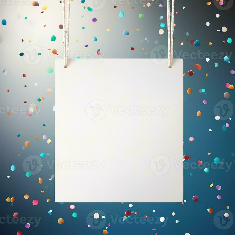 AI generated White sign hangs from a rope, surrounded by a flurry of confetti. The sign is blank, ready for your message. The confetti adds a festive touch, perfect for any celebration. photo