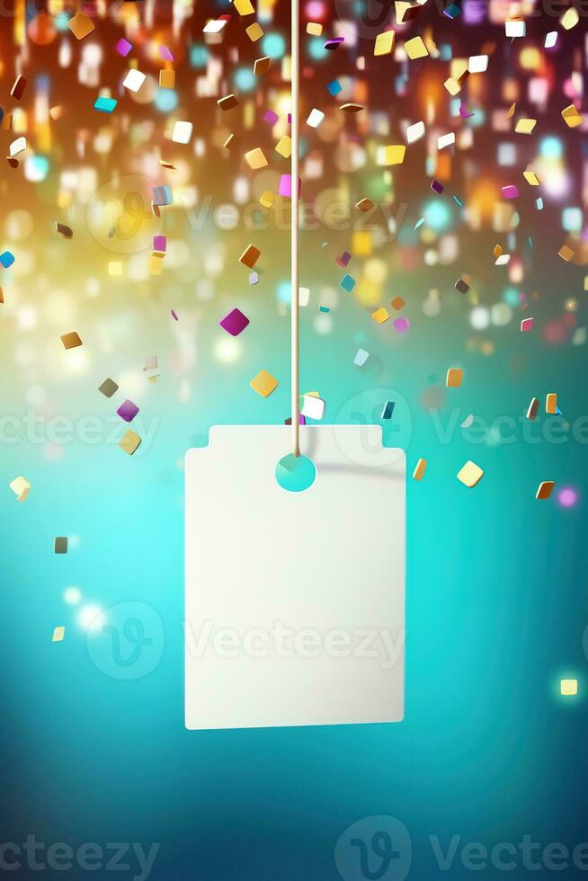 AI generated White sign hangs from a rope, surrounded by a flurry of confetti. The sign is blank, ready for your message. The confetti adds a festive touch, perfect for any celebration. photo