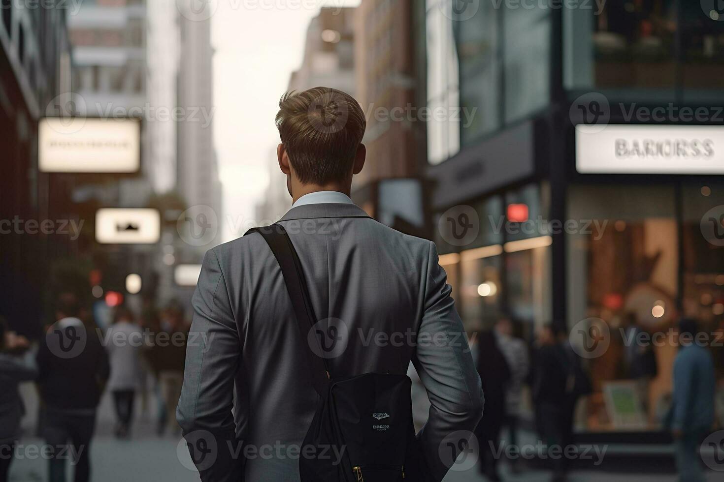 AI generated Businessman stands amidst a bustling urban landscape, surrounded by signs and landmarks that represent the diverse range of businesses and industries that make up the modern economy. photo