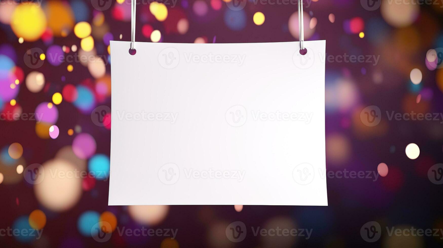 AI generated White sign hangs from a rope, surrounded by a flurry of confetti. The sign is blank, ready for your message. The confetti adds a festive touch, perfect for any celebration. photo