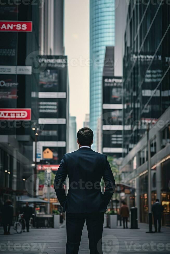 AI generated Businessman stands amidst a bustling urban landscape, surrounded by signs and landmarks that represent the diverse range of businesses and industries that make up the modern economy. photo